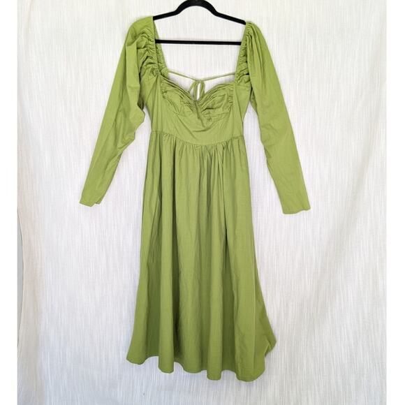 Nasty Gal Green Ruched Bust Open Tie Back Long Sleeve Fitted Midi Dress, size 6 - Picture 2 of 14